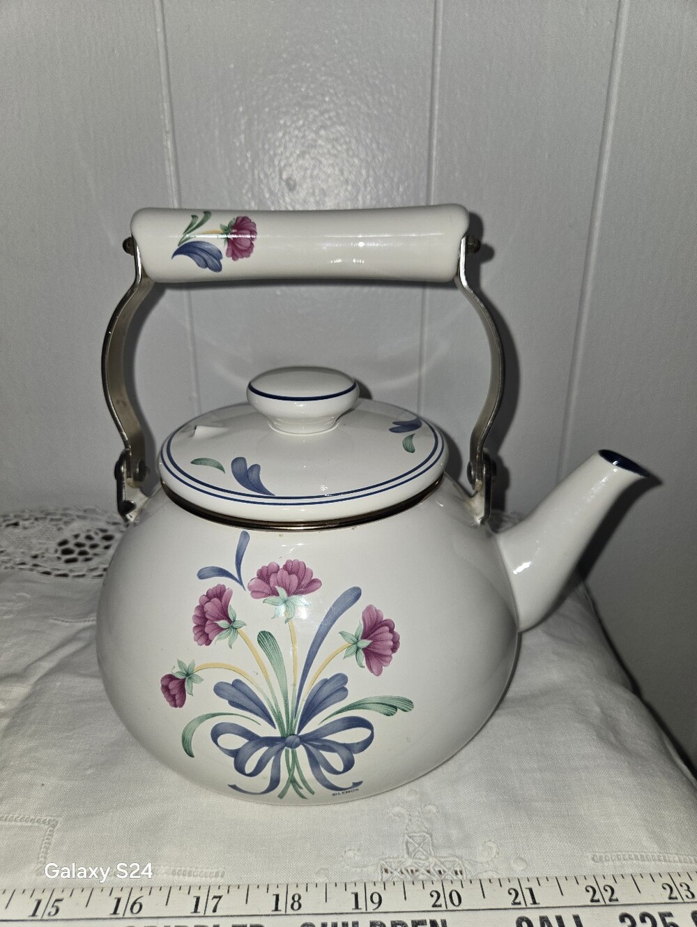 Lenox Poppies on Blue Floral Ceramic Tea Kettle Vintage